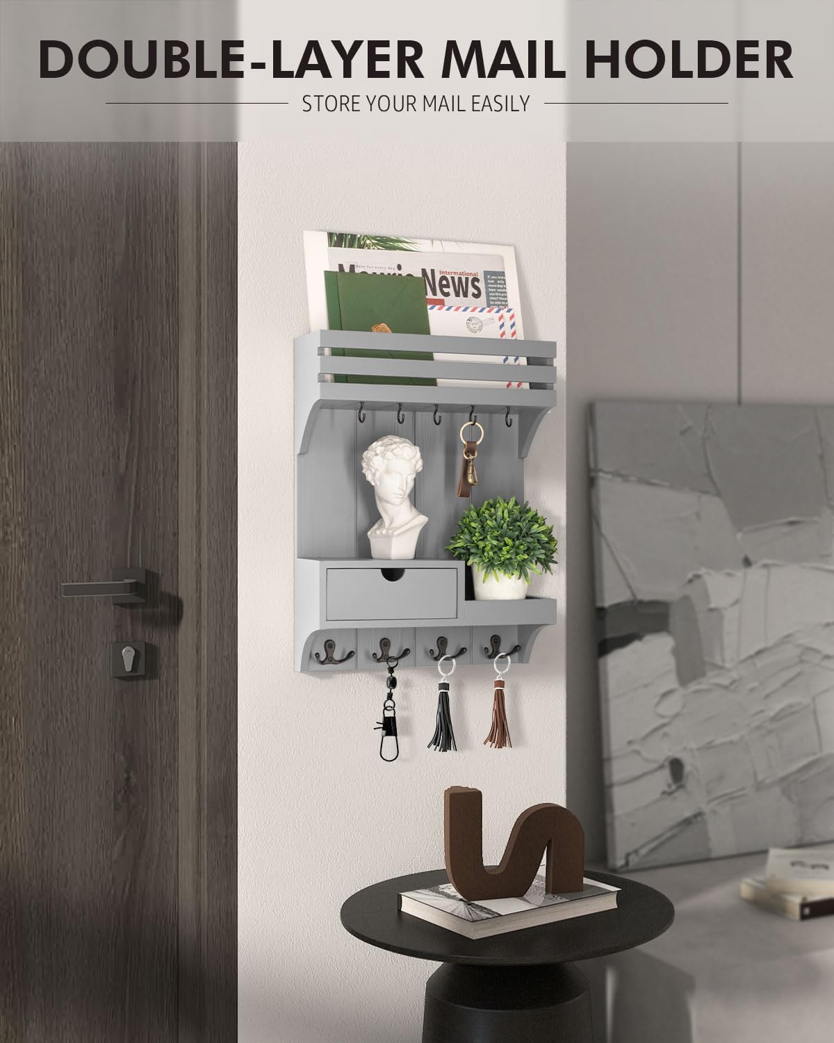 Rebee Vision Key Holder Wall Mount with Drawer Organizer for Entryway,Brown | Pine Wood, 6 Key Hooks, Display Shelf for Plants, Mail Slot for Storage Letter, Multi-Funtional Design, Home Storage