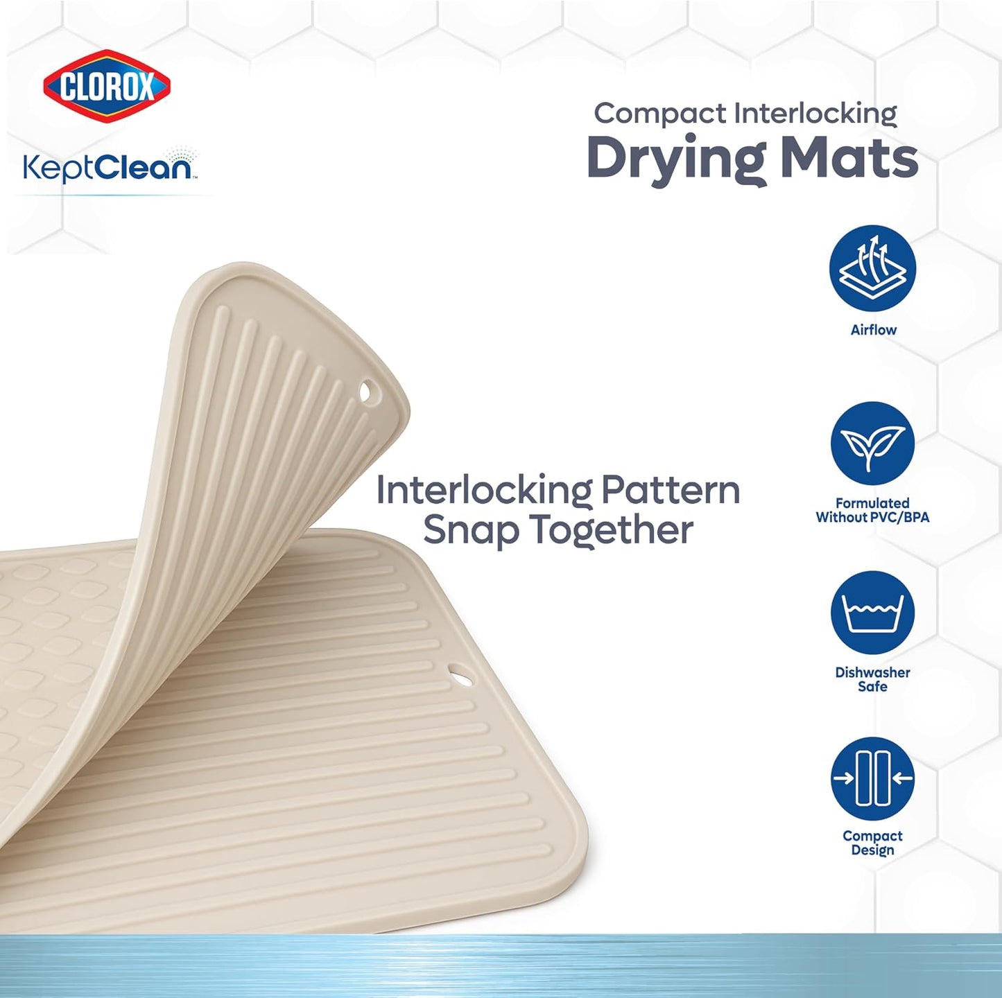 Clorox KeptClean™ 3-Piece Kitchen Sink Set with Two Interlocking Non-Slip Dish Drying Mats and Self-Draining Faucet Guard Splash Protector for Sink Areas, Almond Cream