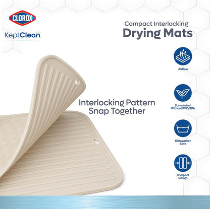 Clorox KeptClean™ 3-Piece Kitchen Sink Set with Two Interlocking Non-Slip Dish Drying Mats and Self-Draining Faucet Guard Splash Protector for Sink Areas, Almond Cream