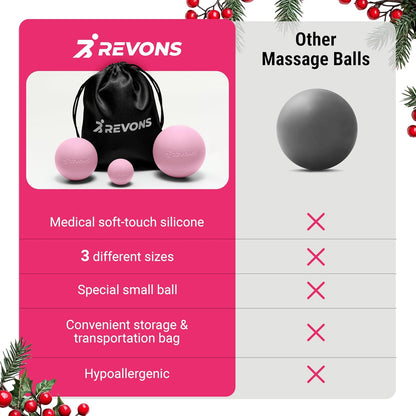 3 in 1 Massage Ball Set - Lacrosse Balls for Myofascial Release, Back Pain Relief, Face Fitness, Trigger Points, Yoga, Physical Therapy, Muscle Recovery and Soft Deep Tissue Massage (Pink)