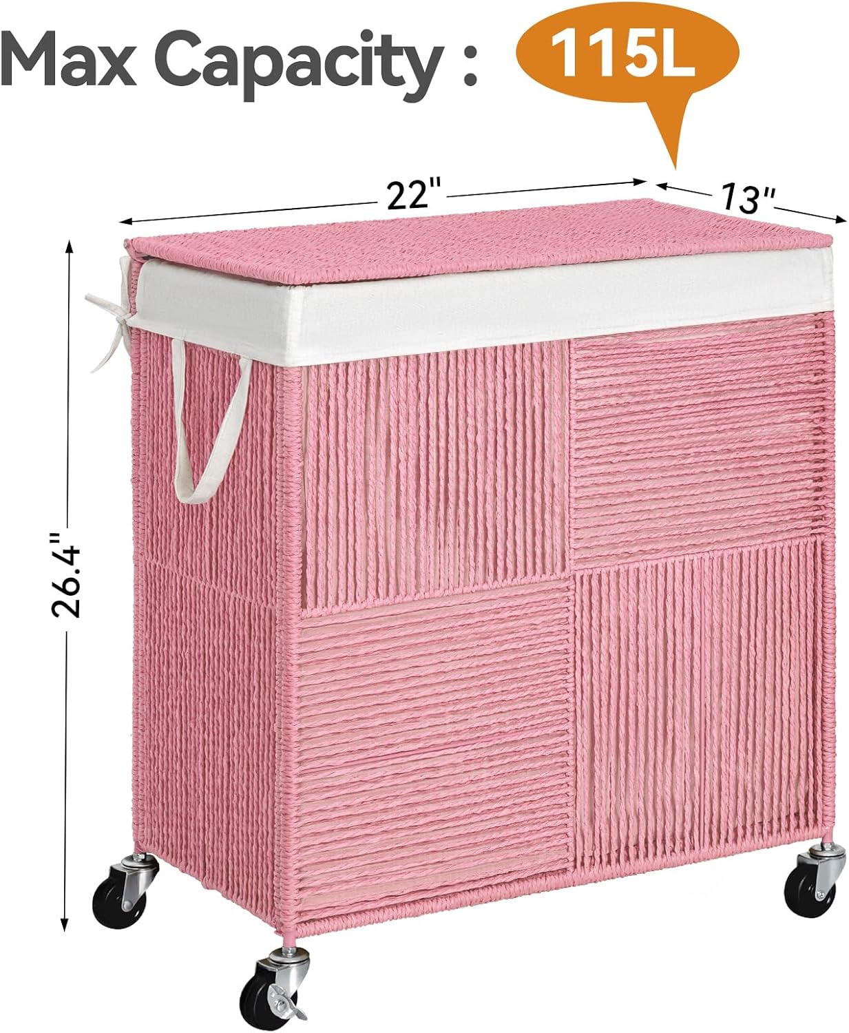 WOWLIVE Double Laundry Hamper with Wheels, Handwoven Rolling Laundry Basket | 115L Dirty Clothes Hamper with Lid, Removable Liner Bag, Large Capacity Laundry Sorter Laundry Room Organization, Green