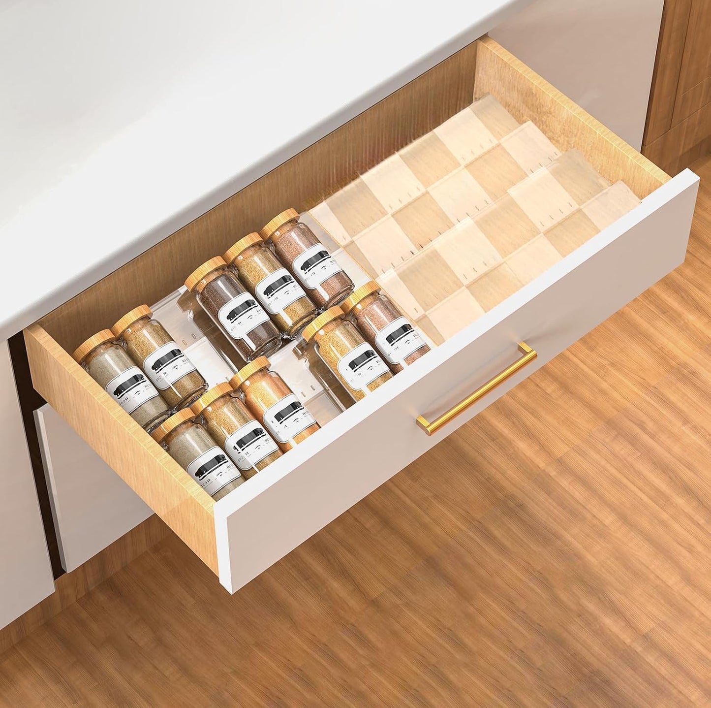 4-Tier Non-Slip Spice Drawer Organizer, 4-Pack Checkered Frosted Clear Acrylic, Expandable (11''-22'') Spice Rack for Kitchen Drawer Storage – Holds Seasonings, Herbs, and Spices (Jars Not Included)
