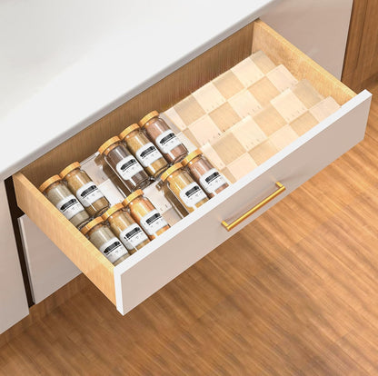 4-Tier Non-Slip Spice Drawer Organizer, 4-Pack Checkered Frosted Clear Acrylic, Expandable (11''-22'') Spice Rack for Kitchen Drawer Storage – Holds Seasonings, Herbs, and Spices (Jars Not Included)