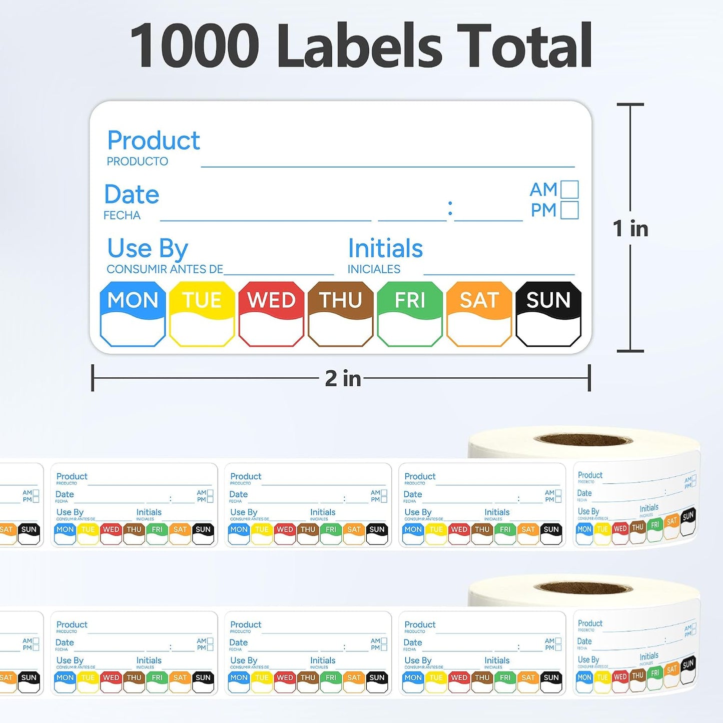 2 Rolls 1000 Pcs 1 X 2 inch Removable Food Date Sticker Labels, Easy to Write for Freezer, Refrigerator Food Containers Date Sticker, Leftover Labels (Blue-Red-US)