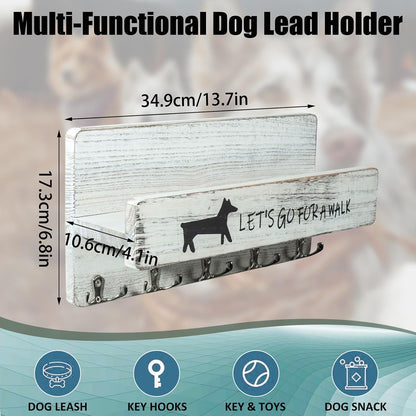 Wood Dog Leash Holder for Wall, Key Hanger with 5 Double Key Hooks | Dog Leash Hanger Wall Mounted for Entryway, Farmhouse Treats,35cm,Brown