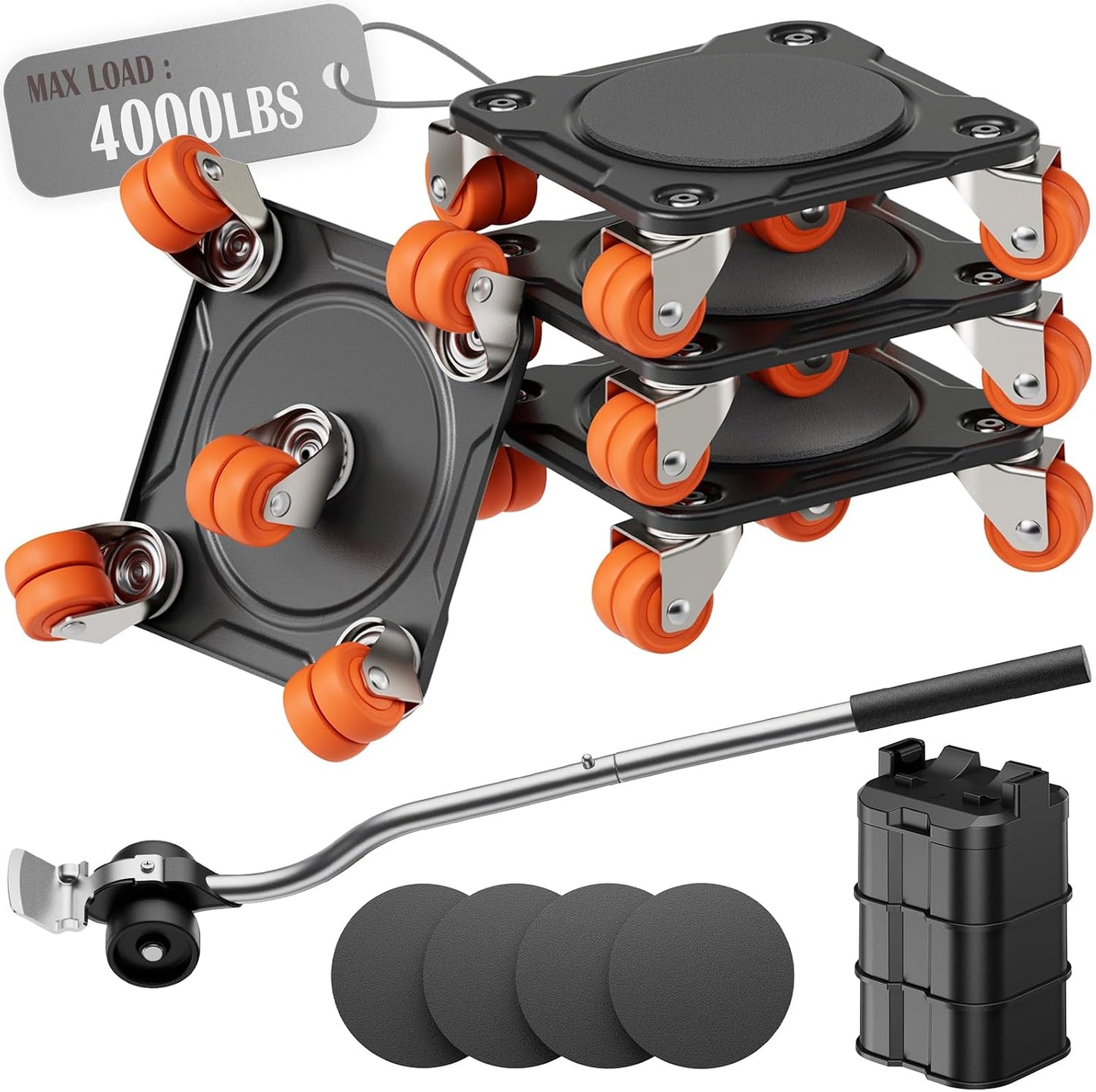 Heavy Duty Furniture Movers with 5-Wheel Dollies, Furniture Dolly Set with Lifter & Base, 360° Swivel Casters, Non-Slip Pads, Up to 2000 lbs Load Capacity