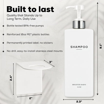 Clear Shampoo and Conditioner Dispenser Set Wall Mounted by Brighter Barns - Refillable Shower Soap Dispensers 3 Chamber No Drill - Plastic Shampoo, Body Wash and Conditioner Bottle for Hotels (Clear)