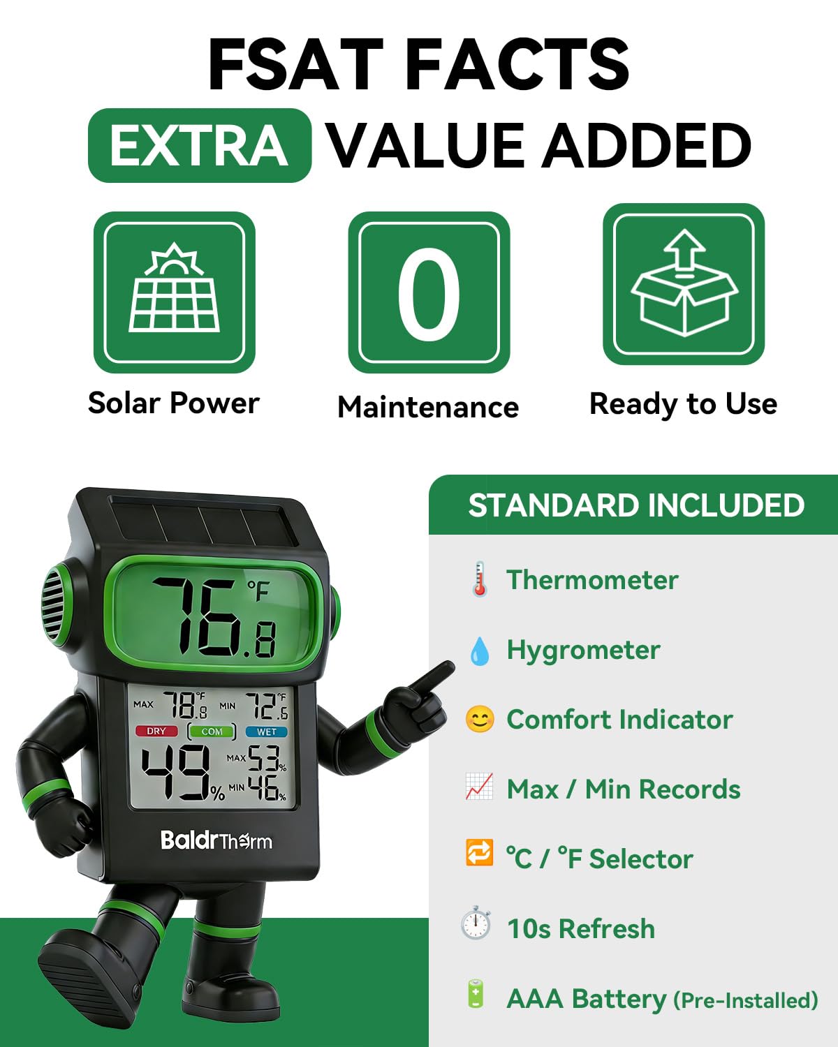 BALDR Solar Indoor Thermometer Hygrometer, Max/Min, Comfort Meter (White) | Solar & Battery Dual Power |No Setup or App Required |Clear Comfort Level Indicator |Flexible Desk or Wall Placement