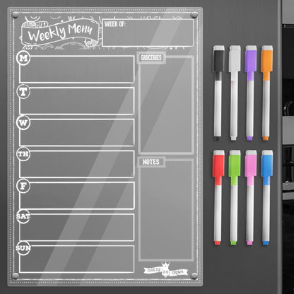 CHALKY CROWN Magnetic Dry Erase Menu Board - Black - 15.6" x 11.6" | Magnetic Weekly Meal Planner & Grocery List for Fridge - Includes 4 Liquid Chalk Markers - Easy to Write & Wipe Clean Design