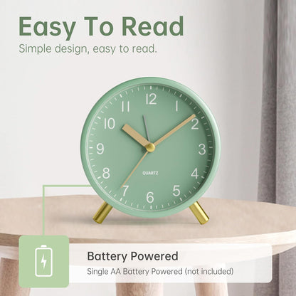 JALL Analog Alarm Clock, 4 inch Super Silent Non Ticking Small Clock with Night Light, Battery Operated, Simple Design, Easy Setting for Office, Bedroom, Bedside, Desk, Teens, Elders, Adult, Green