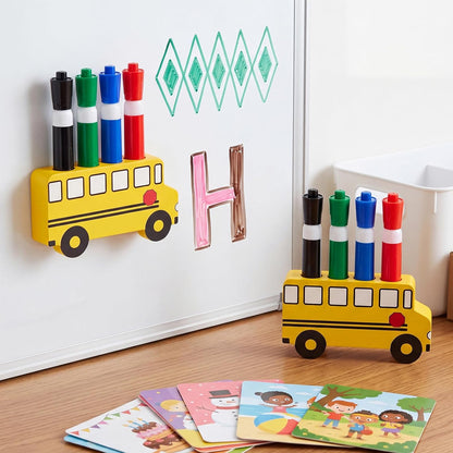 School Bus Magnetic Marker Holder, Back to School Classroom Supplies, Teacher Appreciation Gift Dry Erase Marker and Eraser Storage Organizer for Whiteboard Fridge Locker