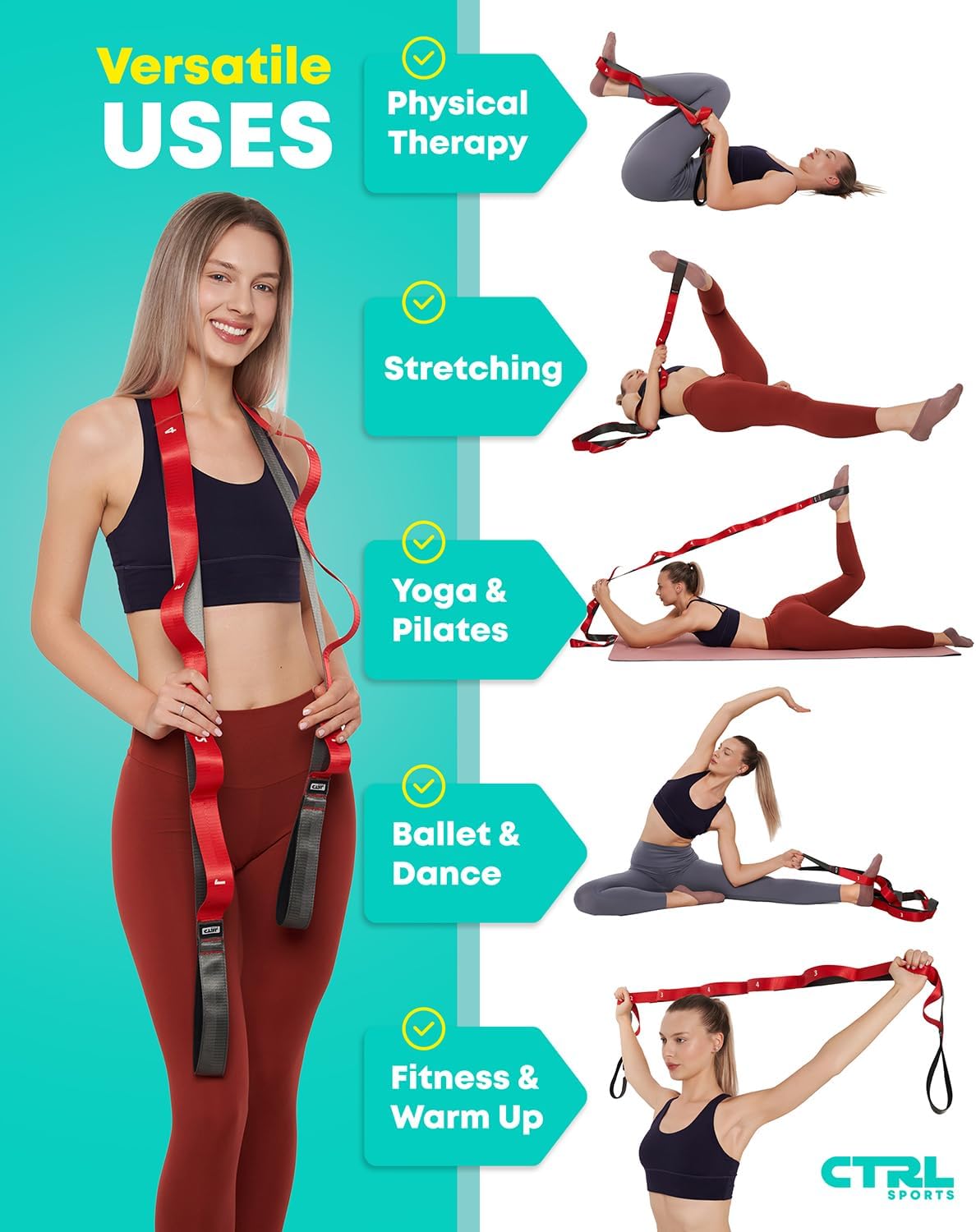Stretching Strap with Loops - Non Elastic Yoga Strap for Physical Therapy | Video Exercises Included - Stretch bands for Stretching Equipment and Flexibility - Fascia, Hamstring & Leg Stretcher Belt