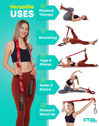 Stretching Strap with Loops - Non Elastic Yoga Strap for Physical Therapy | Video Exercises Included - Stretch bands for Stretching Equipment and Flexibility - Fascia, Hamstring & Leg Stretcher Belt