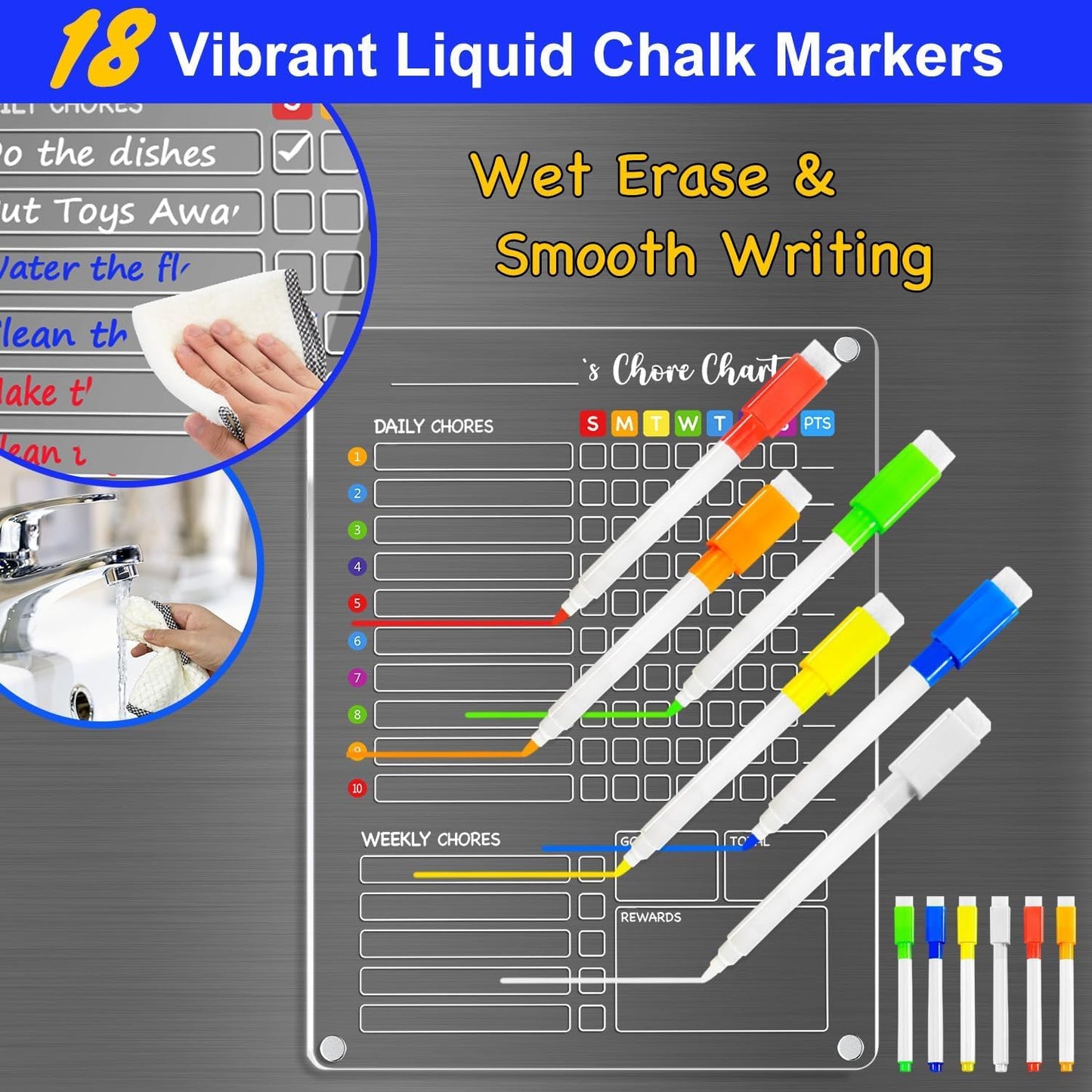 PigPotParty 2-in-1 Acrylic Magnetic Chore Chart for 2 Kids, Large 16x12 in | Clear Dry Erase Fridge Chore Board for Teens, Roommates; Vibrant Layout; Embedded Magnets; 12 Wet-Erase Markers and Towel