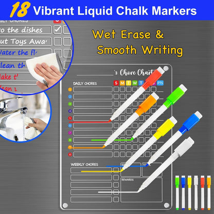 PigPotParty 2-in-1 Acrylic Magnetic Chore Chart for 2 Kids, Large 16x12 in | Clear Dry Erase Fridge Chore Board for Teens, Roommates; Vibrant Layout; Embedded Magnets; 12 Wet-Erase Markers and Towel