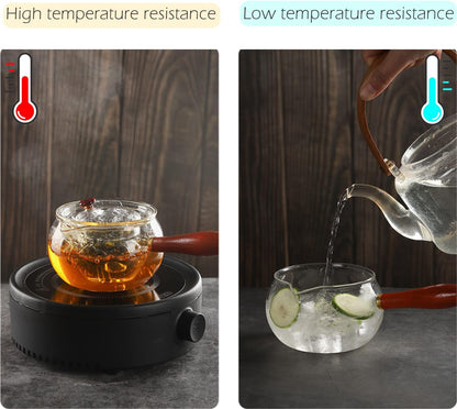 WHJY Glass Teapot with Infuser for Loose Tea, Small Clear Magic Tea Kettle for Stove Top, Clear Japanese Tea Kettle with Wooden Handle Kyusu Teapot - 17oz