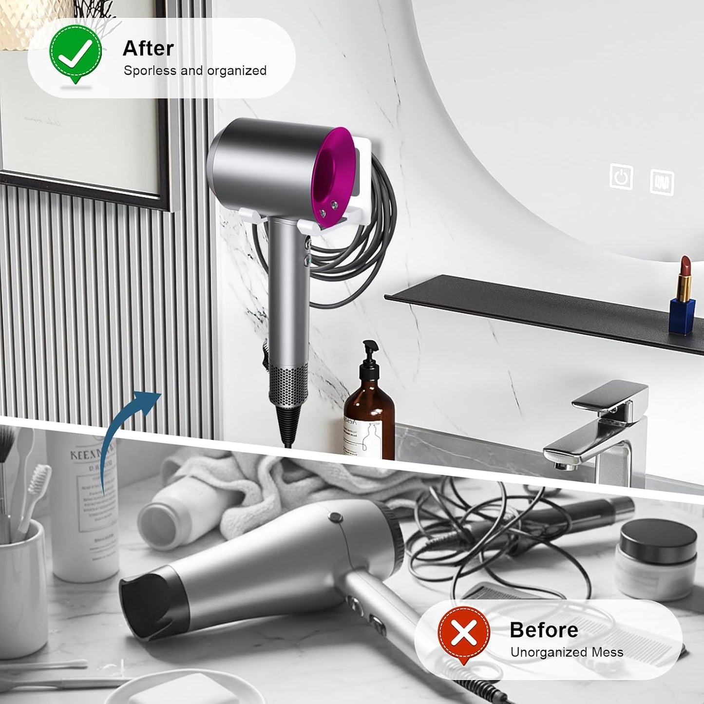 Universal Hair Dryer Holder, White | Wall Mount for Bathroom & Cabinet, Self-Adhesive Option, Blow Dryer Stand & Tool Organizer, Space-Saving Design