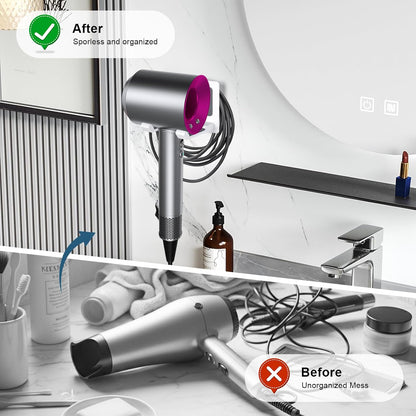 Universal Hair Dryer Holder, White | Wall Mount for Bathroom & Cabinet, Self-Adhesive Option, Blow Dryer Stand & Tool Organizer, Space-Saving Design
