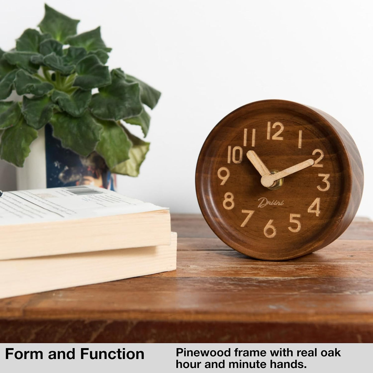 Driini Small, Silent Wooden Analog Desk Clock for Shelf or Table, Dark