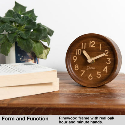 Driini Small, Silent Wooden Analog Desk Clock for Shelf or Table, Dark