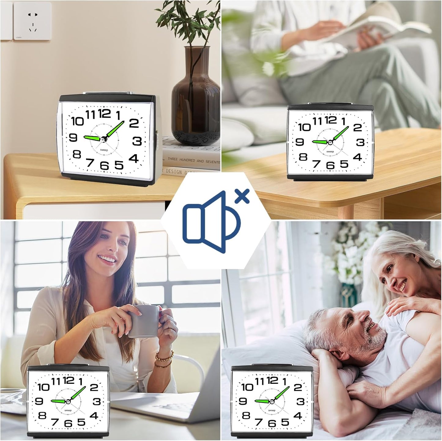 DTKID Large Alarm Clock for Bedside, Silent Non-Ticking Analog Clock with Night Light, Battery Powered, Gradually Increasing Alarm for Heavy Sleepers, Seniors