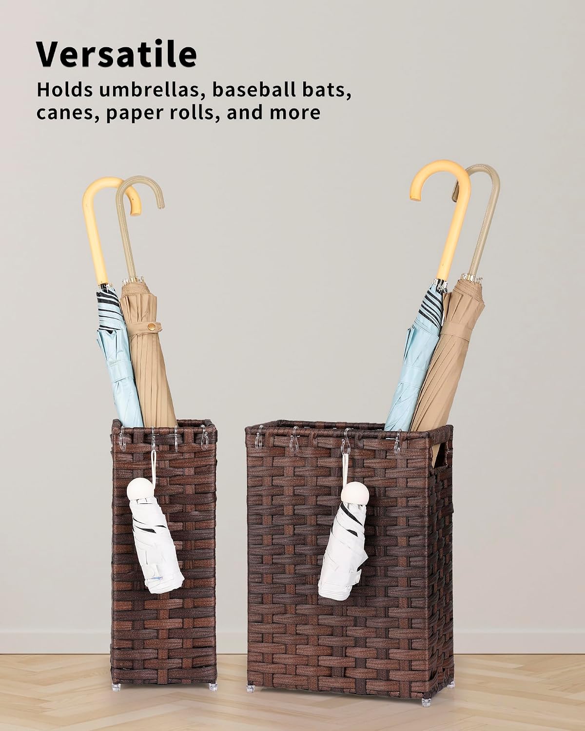 Rattan Umbrella Stand, Umbrella Holder for Entryway, Hand Woven Umbrella Rack Organizer Freestanding, with a Detachable Drip Tray, 4 Hooks, 11.8" L x 5.5" W x 16.5" H, Natural