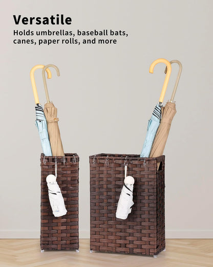 Rattan Umbrella Stand, Umbrella Holder for Entryway, Hand Woven Umbrella Rack Organizer Freestanding, with a Detachable Drip Tray, 4 Hooks, 11.8" L x 5.5" W x 16.5" H, Natural