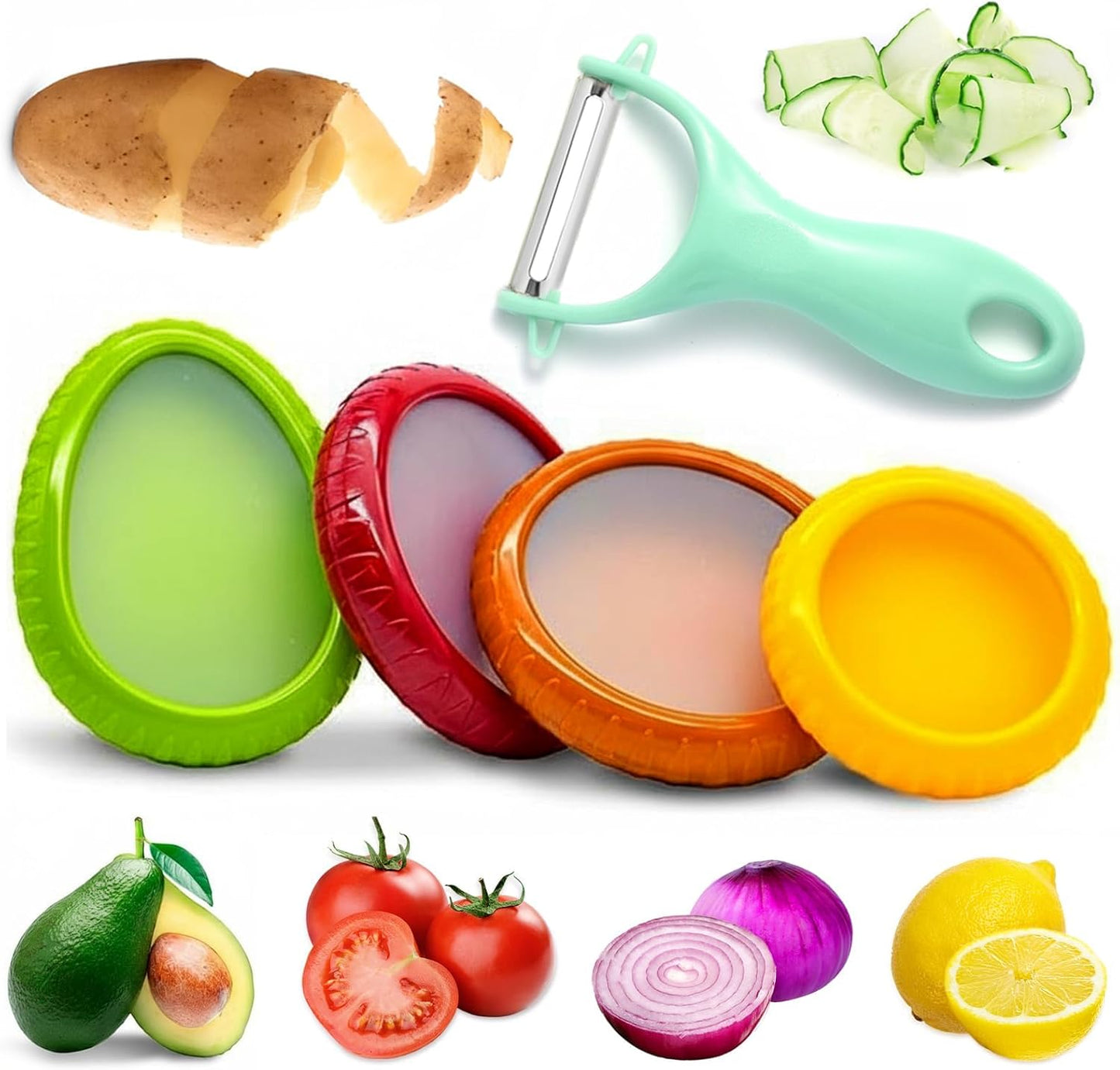 Avocado Saver for Fridge, 5-Piece Produce Saver Set with Peeler | 4 reusable silicone storage pods plus 1 fruit peeler for avocado, tomato, onion and lemon, ideal for office snacks or camping
