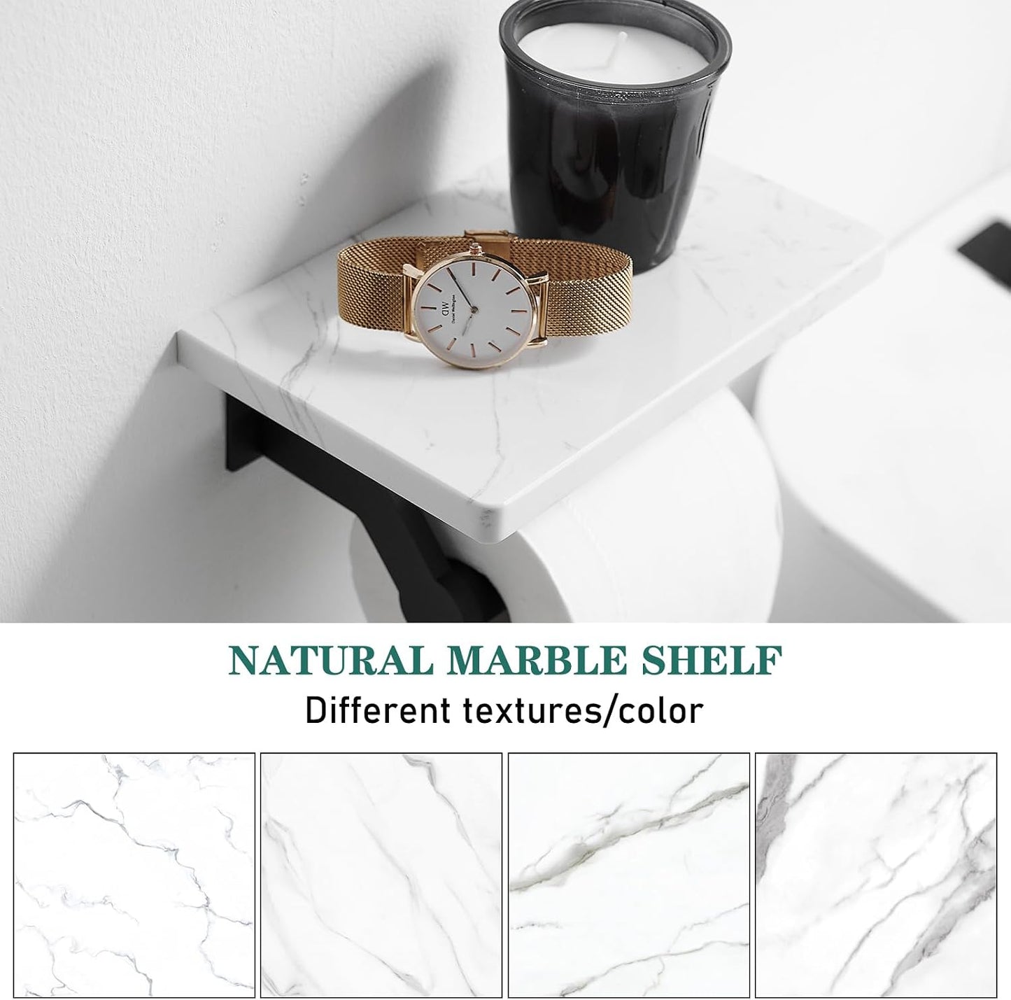 Hoimpro Toilet Paper Holder Wall Mounted, Marble Tissue Roll Rack | Brushed Gold | White Natural Marble Shelf Hand Paper Roll Holder, for Bathroom Kitchen Washroom Bedroom Aluminum