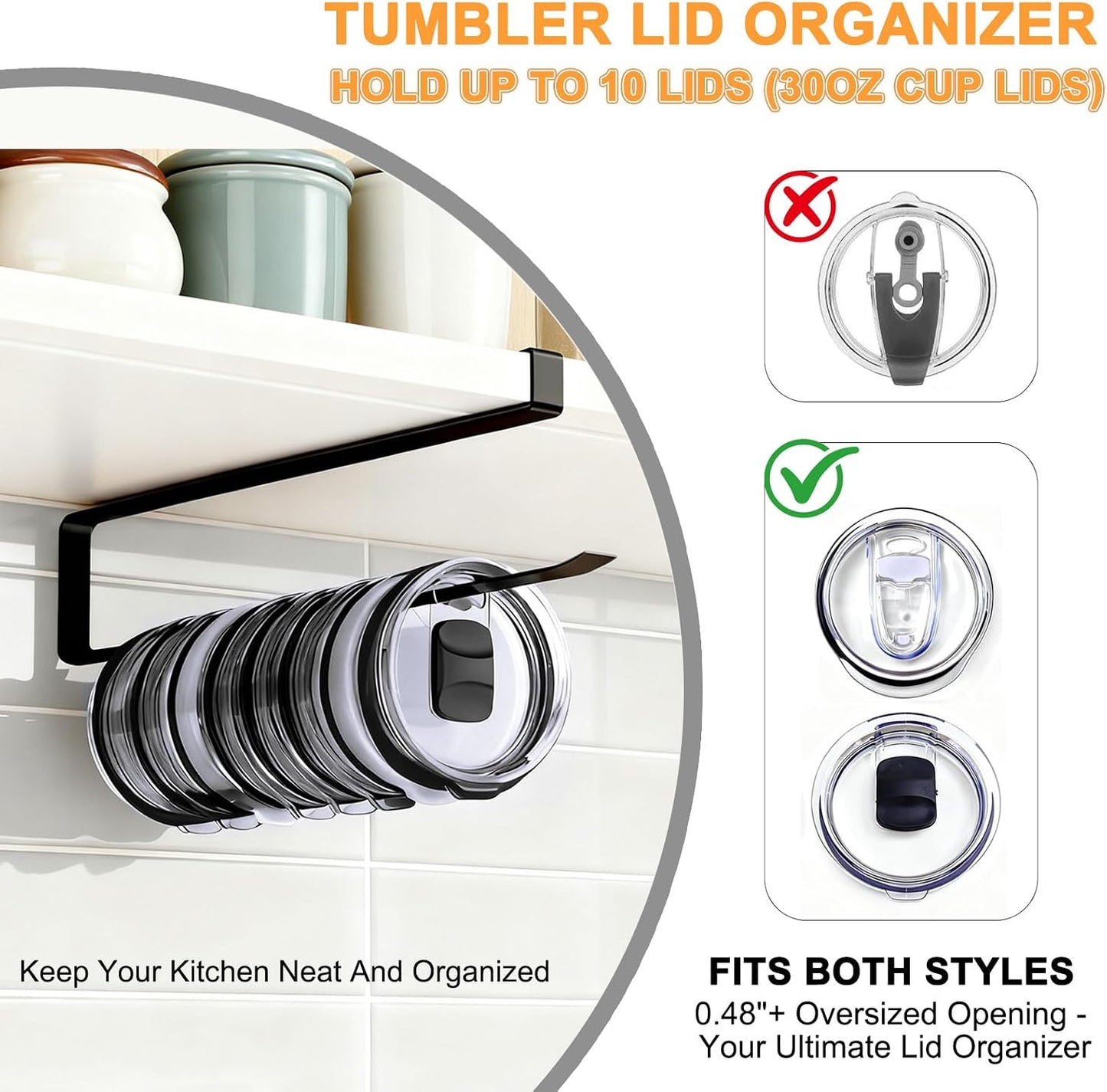 Tumbler Lid Organizer for Cabinet - Under Shelf & Behind Door Lid Holder, No-Drill Kitchen Organizer and Storage, Space Saving Rack Fits 24oz 30oz 40oz Water Bottle Tumbler Lids