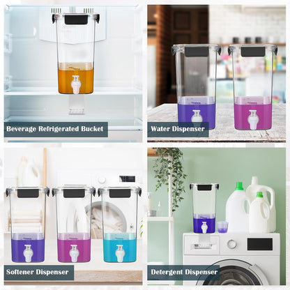 Soaoo 3 Set 87 oz Liquid Laundry Detergent Dispenser with Faucet and Cup Holder Labels Plastic Fabric Softener Container Detergent Drip Catcher for Laundry Room Washing Soap