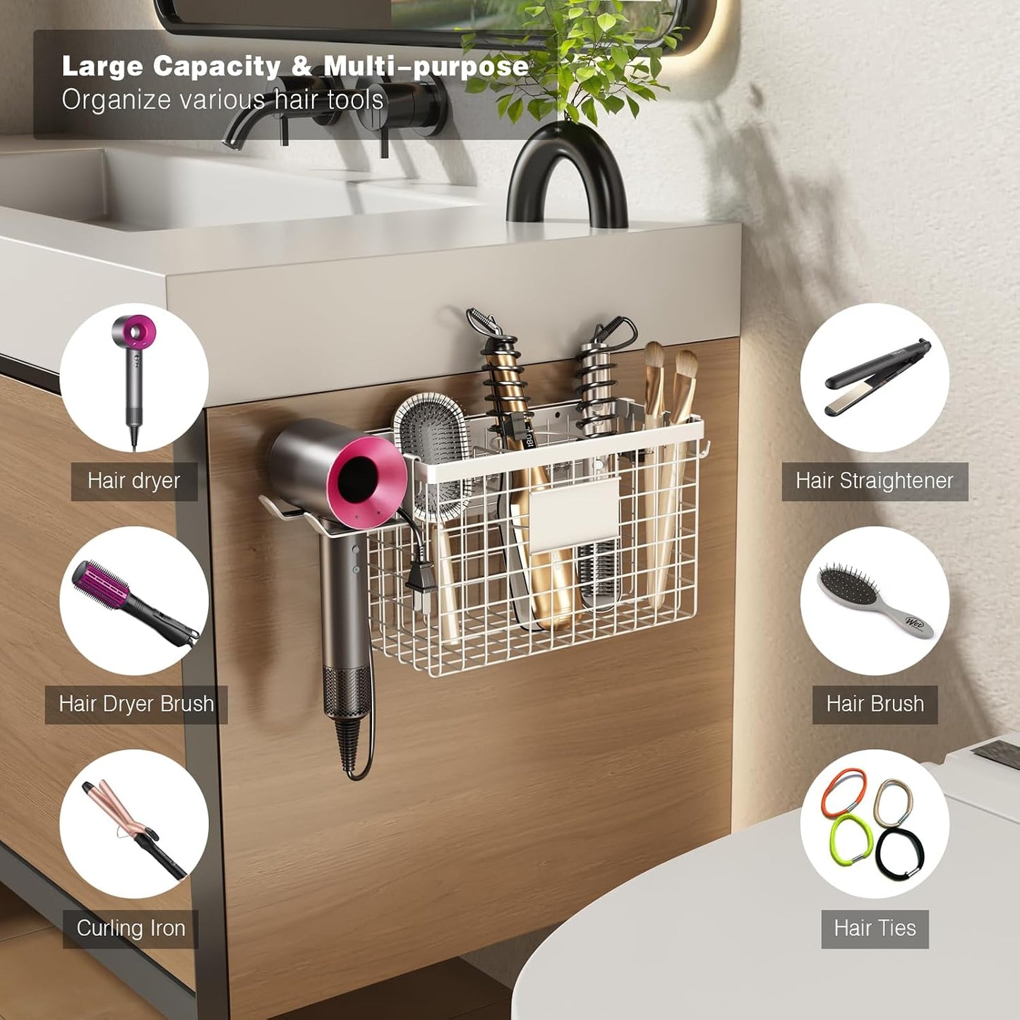 Voldra Hair Dryer Holder Cabinet Door, Adhesive Hair Tool Organizer Wall Mount Adjustable Height Blow Dryer Holder Under Sink/Countertop for Flat Curling Iron, Hair Brush and Straightener (1, Black)