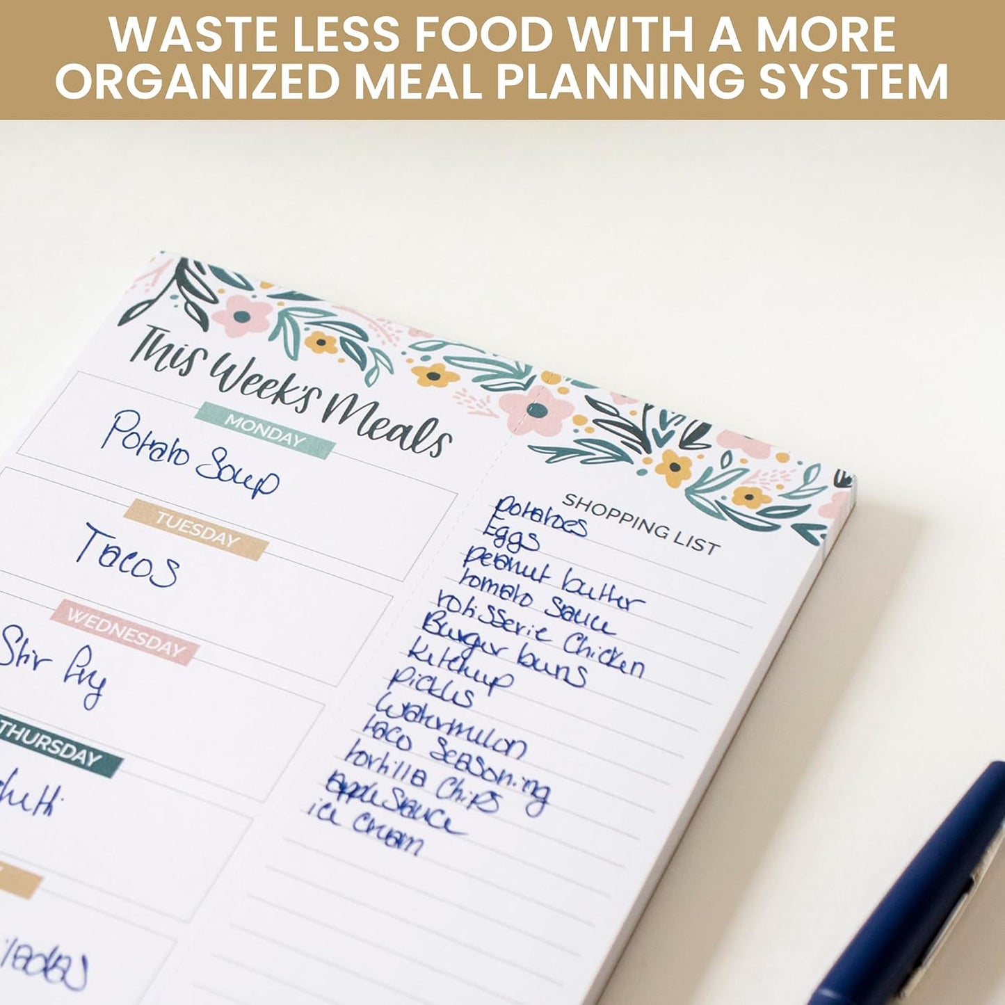 bloom daily planners Weekly Meal Planning Pad - Magnetic Hanging Refrigerator Menu Planner with Tear-Off Sheets & Perforated Grocery Shopping Lists - 6” x 9” (Pink Floral)