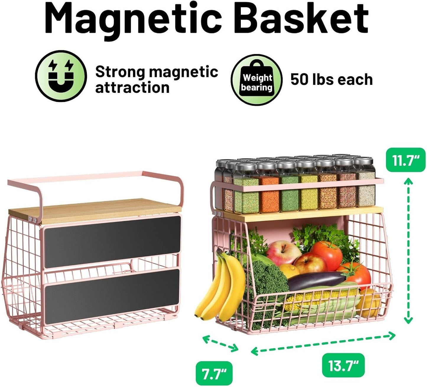Magnetic Shelf for Fridge with Wood Lid, Fruit Potato and Onion Storage Bins, Pantry Organizers & Storage, Large Container Magnetic Spice Rack for Refrigerator, Kitchen Counter, Cabinet | Strong magnet holds 50lbs, ventilated bin for produce, versatile