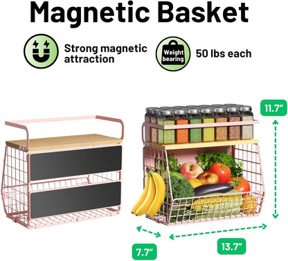 Magnetic Shelf for Fridge with Wood Lid, Fruit Potato and Onion Storage Bins, Pantry Organizers & Storage, Large Container Magnetic Spice Rack for Refrigerator, Kitchen Counter, Cabinet | Strong magnet holds 50lbs, ventilated bin for produce, versatile
