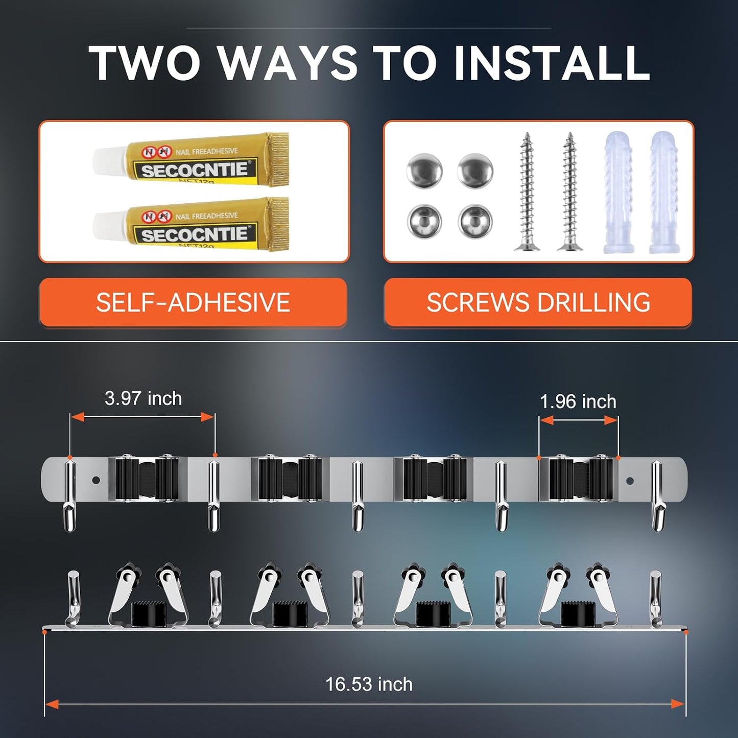 ZONGOOL 2 Pack Mop Broom Holder Wall Mount 4 Racks 5 Hooks Storage Black | 304 Rustproof Stainless Steel Broom Hanger, Non-Slip Wall Mount Organizer, Space Saving For Kitchen, Laundry, Garden