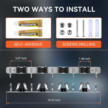 ZONGOOL 2 Pack Mop Broom Holder Wall Mount 4 Racks 5 Hooks Storage Black | 304 Rustproof Stainless Steel Broom Hanger, Non-Slip Wall Mount Organizer, Space Saving For Kitchen, Laundry, Garden
