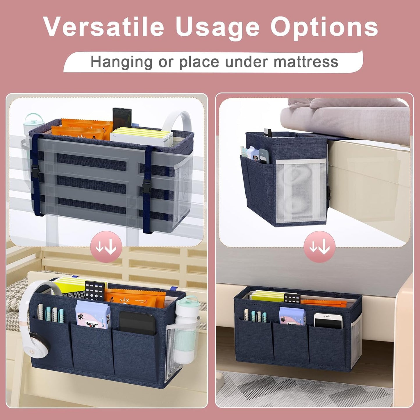 Bedside Caddy Bedside Storage Hanging Organizer for Bunk Dorm Bed Rail | Bed Caddy with Hooks, Top Bunks and Dorm Essentials for Water, Tissues, Tablets, Books, Phones, Remotes and Other Necessories