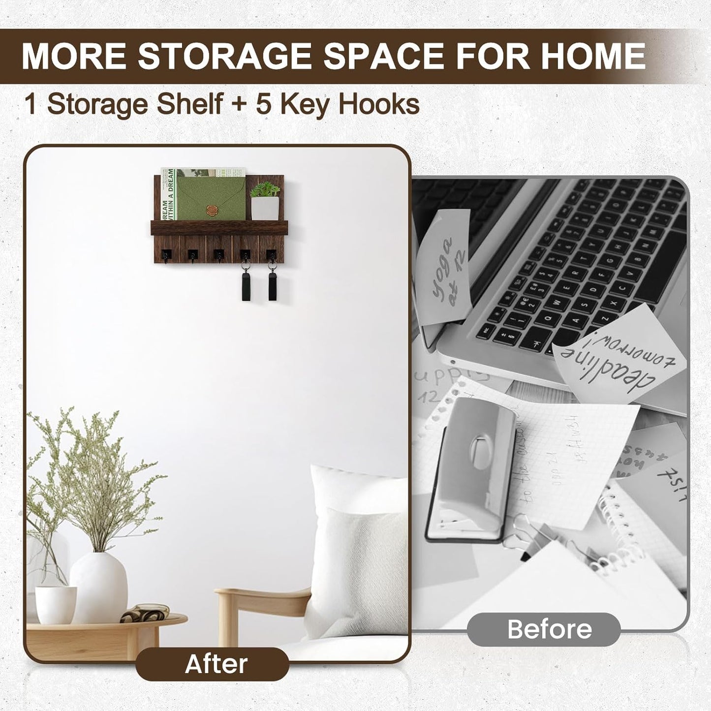 Key Holder for Wall, Decorative Key Holder with Shelf | Key and Mail Holder Wall Mount, Farmhouse Decor with 5 Key Hooks for Keys, Coats, ect.
