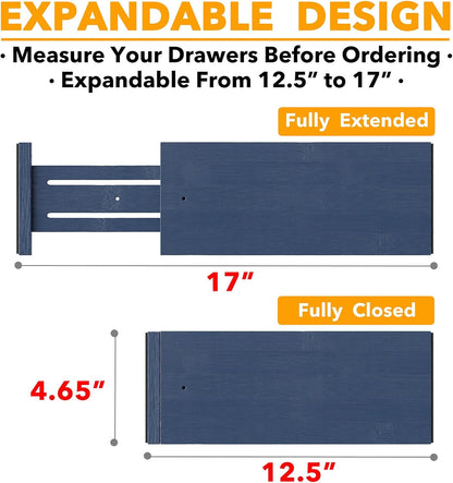 SpaceAid Bamboo 4 Pack Dresser Drawer Dividers, 4.65“ High Adjustable 12.5“-17” Drawer Organizers, Expandable Organization for Clothing, Clothes, Dressers, Black