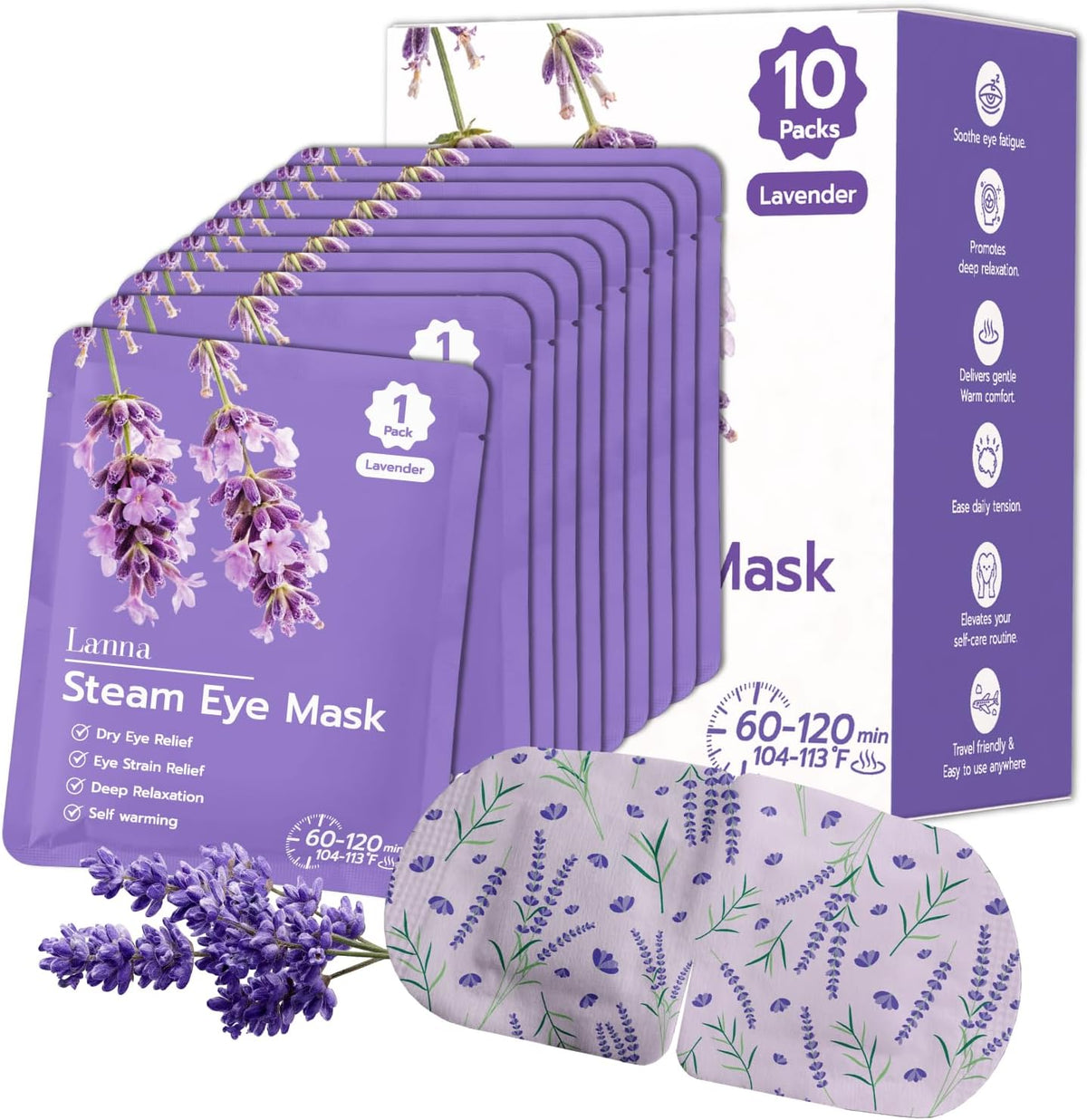 LANNA Heated Steam Eye Mask, Disposable 120 Minutes Chamomile Scent 10 Pcs