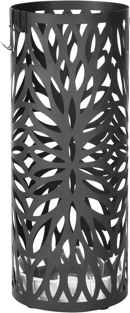 SONGMICS Umbrella Stand, Umbrella Holder for Entryway, Steel Square Umbrella Rack Organizer Freestanding, for Canes Walking Sticks, with a Detachable Drip Tray, 4 Hooks, Black ULUC026B33