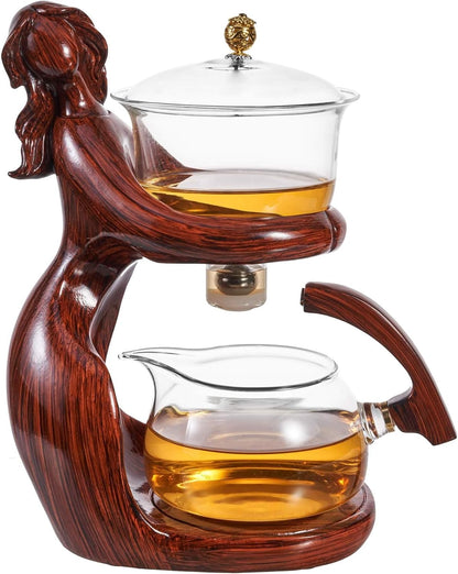 Glass Kungfu Teapot Set Tea maker with Infuser Semi Automatic Tea Set with 6 Small Cups (Red)