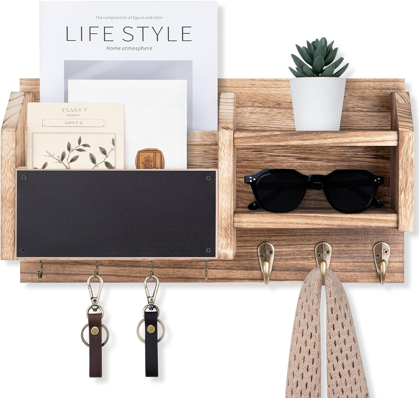 Lwenki Mail and Key Holder – Wall Mount Key Hanger with Shelf and 7 Metal Hooks – Decorative Natural Paulownia Wood Entryway Organizer with Mounting Hardware (16.5”W x 8.7”H x 3.5”D) (Brown)