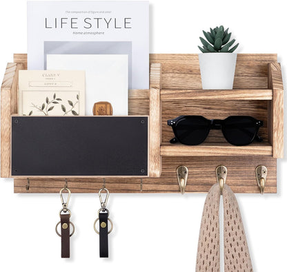 Lwenki Mail and Key Holder – Wall Mount Key Hanger with Shelf and 7 Metal Hooks – Decorative Natural Paulownia Wood Entryway Organizer with Mounting Hardware (16.5”W x 8.7”H x 3.5”D) (Brown)