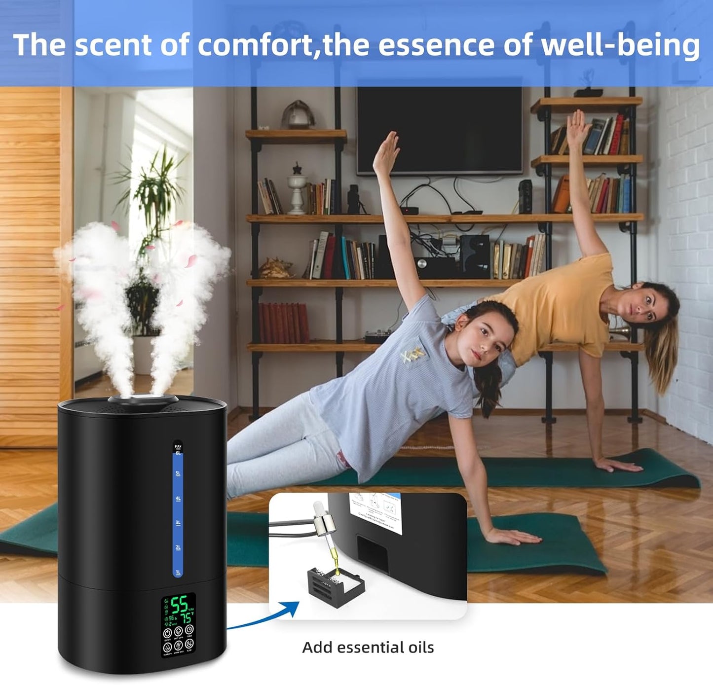 Coolfiqu 6L Humidifiers for Bedroom Large Room Home,Cool and Warm Humidifier for Baby and Plants Hot Mist Top Fill Desk Humidifier Oil Diffuser,Quiet,Auto Mode,360°Nozzle-Midnight Black(2026 Upgraded)