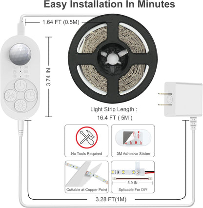 Motion Sensor Under Cabinet Lights Plug-in LED Strip Lights Indoor Cold White 6000K Super Bright 2000lm with 12V Adapter, Dimmer and Timer for Kitchen Cabinet, Shelf, Wardrobe, Stairway…
