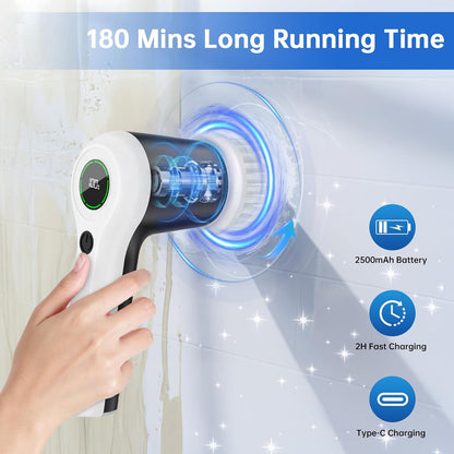 PUFTEM Electric Spin Scrubber, Cordless Shower Scrubber | Battery Level Display, Dual Speed, 6 Replaceable Brush Heads, IPX7 Waterproof, Long Runtime, Tub, Tile & Sink Cleaning