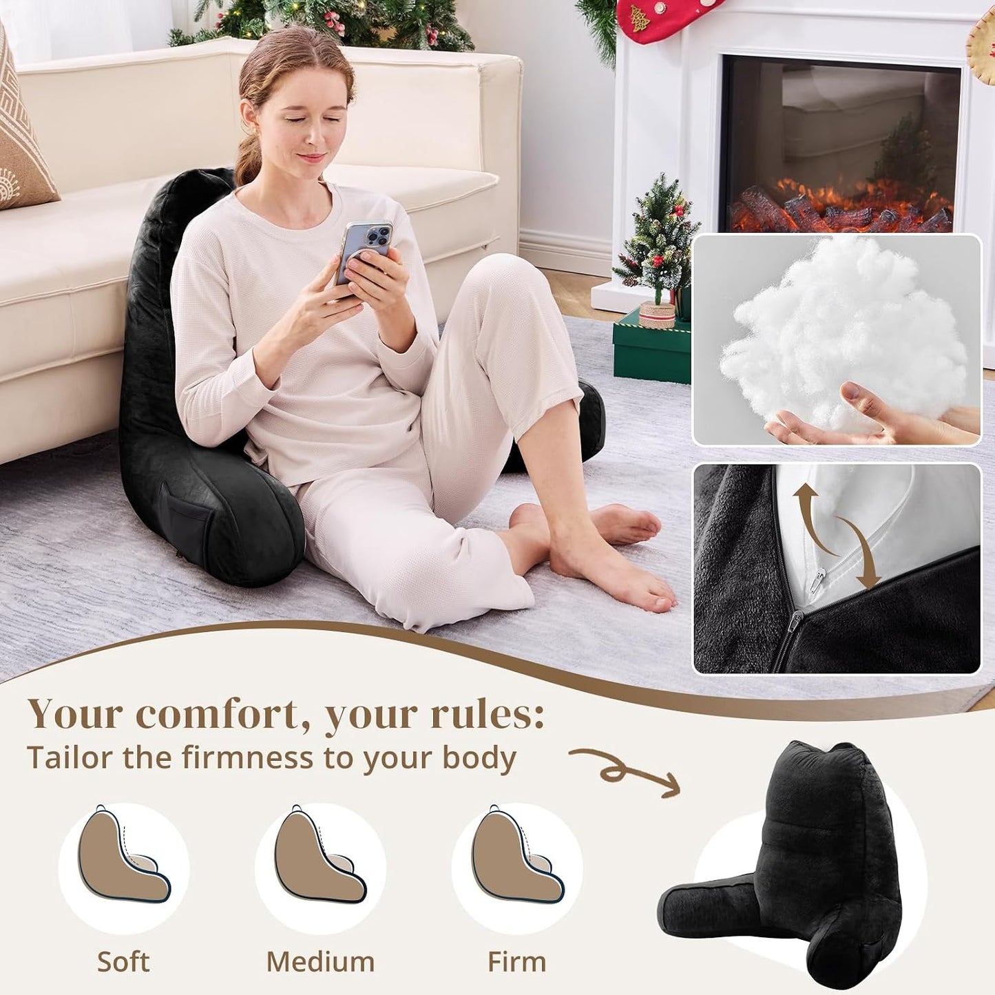 Sasttie Reading Pillows for Sitting in Bed Adult, Back Pillow Bed Sitting Up, Back-Rest Support Cushion for Sit Up on Couch, Sofa, and Floor, Dorm Essentials, Oeko-Tex Certified, Dark Grey