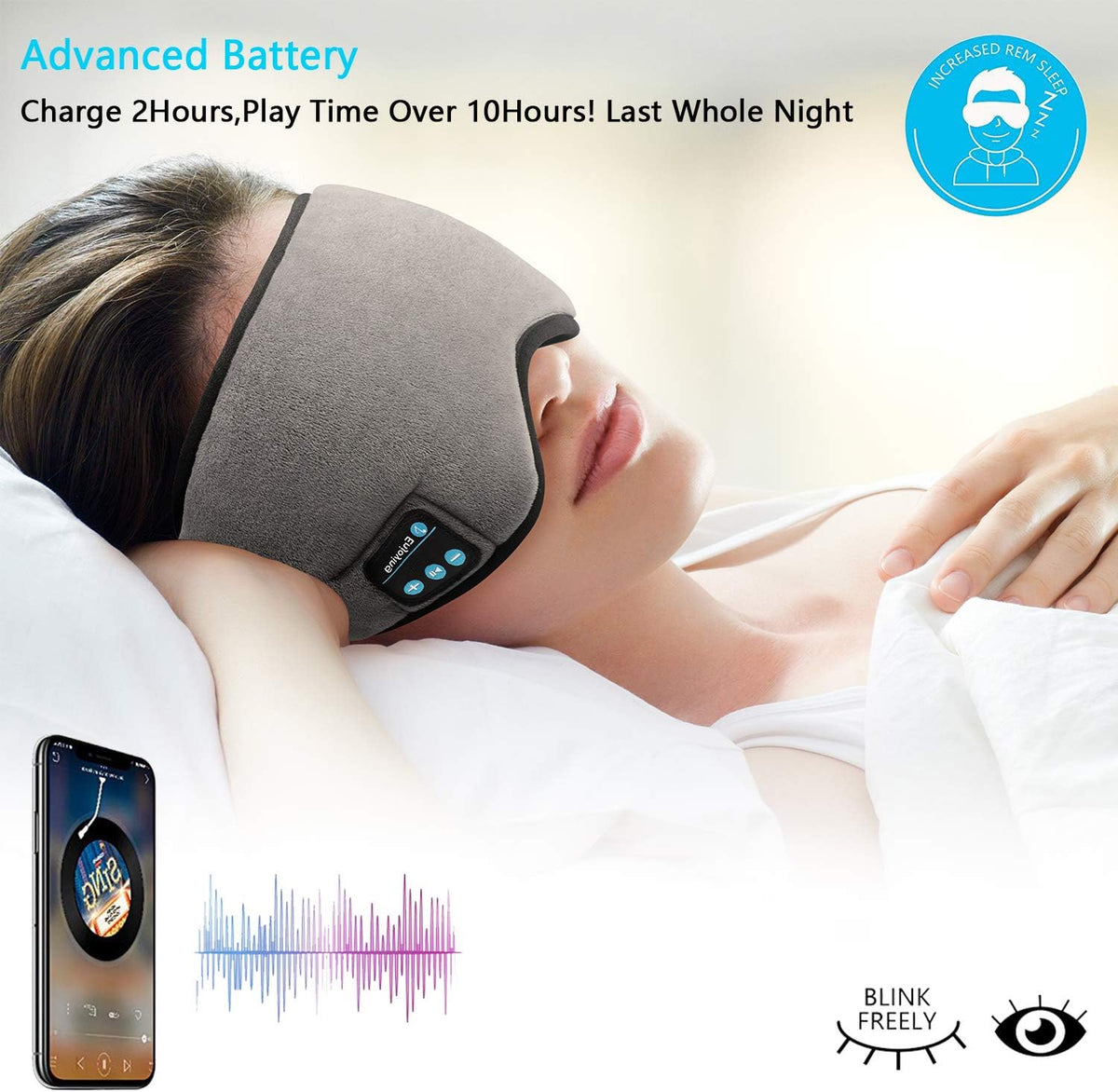 Wireless Sleep Mask,SKEYEOL Sleep Headphones,Adjustable&Washable Music Travel Sleeping Headset with Built-in Speakers Microphone Hands-Free for Air Travel,Siesta and Sleeping Grey